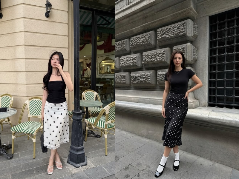 phối đồ với chân váy chấm bi