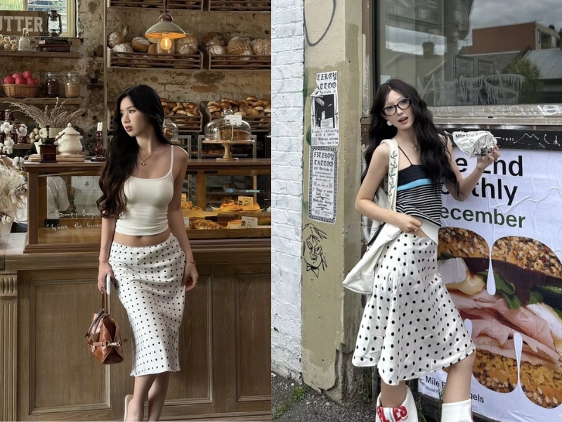 phối đồ với chân váy chấm bi