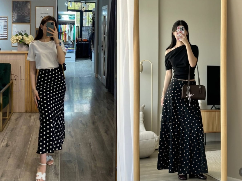 phối đồ với chân váy chấm bi