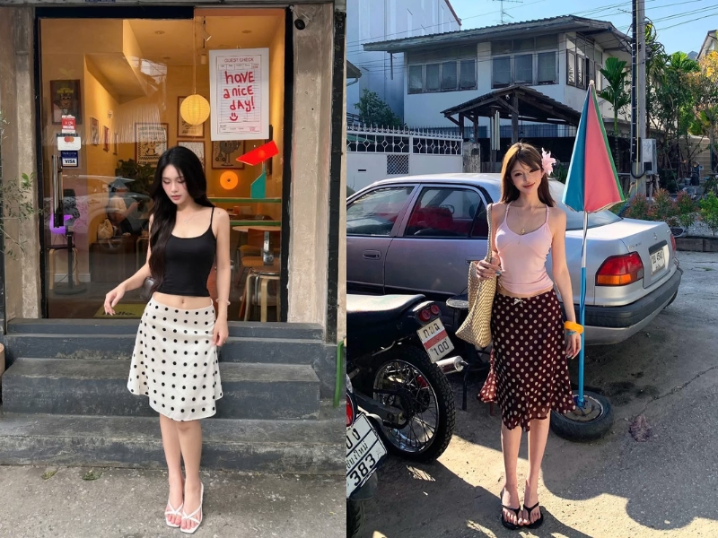 phối đồ với chân váy chấm bi