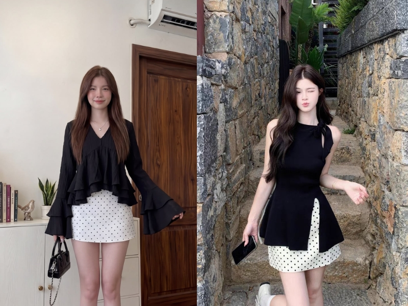 phối đồ với chân váy chấm bi