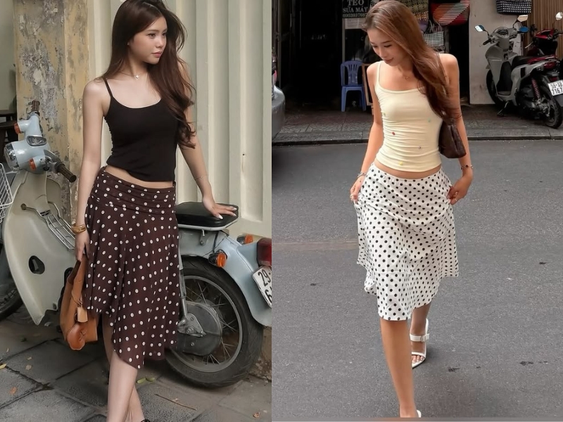 phối đồ với chân váy chấm bi