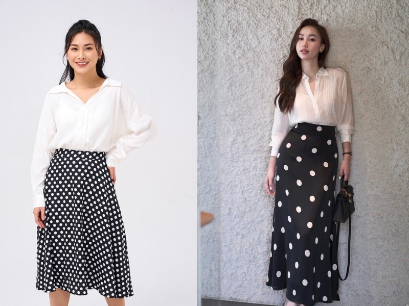 phối đồ với chân váy chấm bi