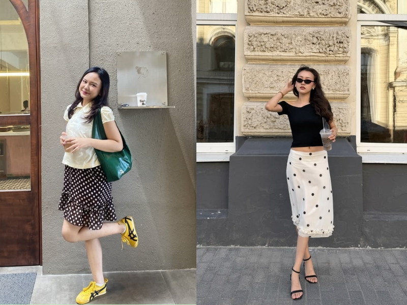 phối đồ với chân váy chấm bi