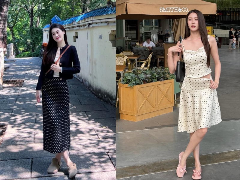 phối đồ với chân váy chấm bi
