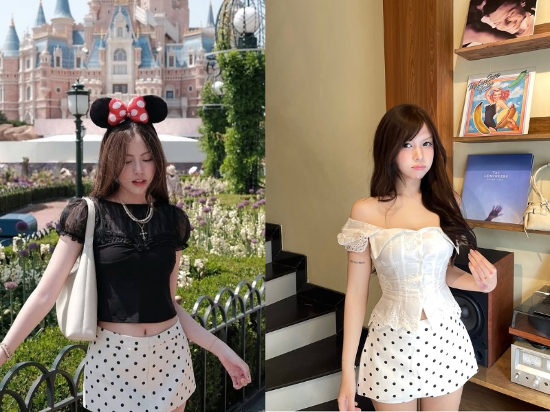 phối đồ với chân váy chấm bi