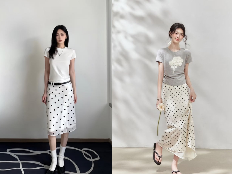phối đồ với chân váy chấm bi