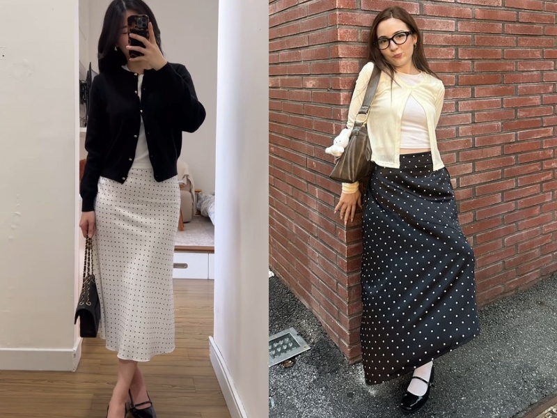 phối đồ với chân váy chấm bi