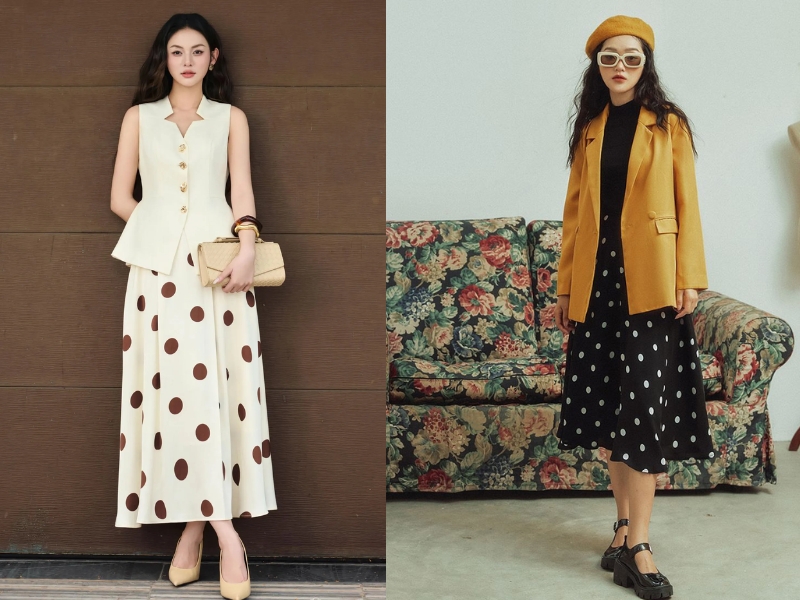 phối đồ với chân váy chấm bi