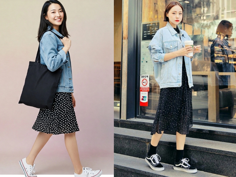 phối đồ với chân váy chấm bi