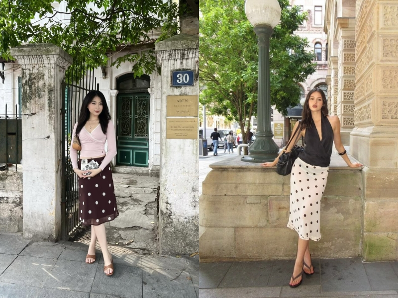 Phối váy chấm bi dài cho người thấp