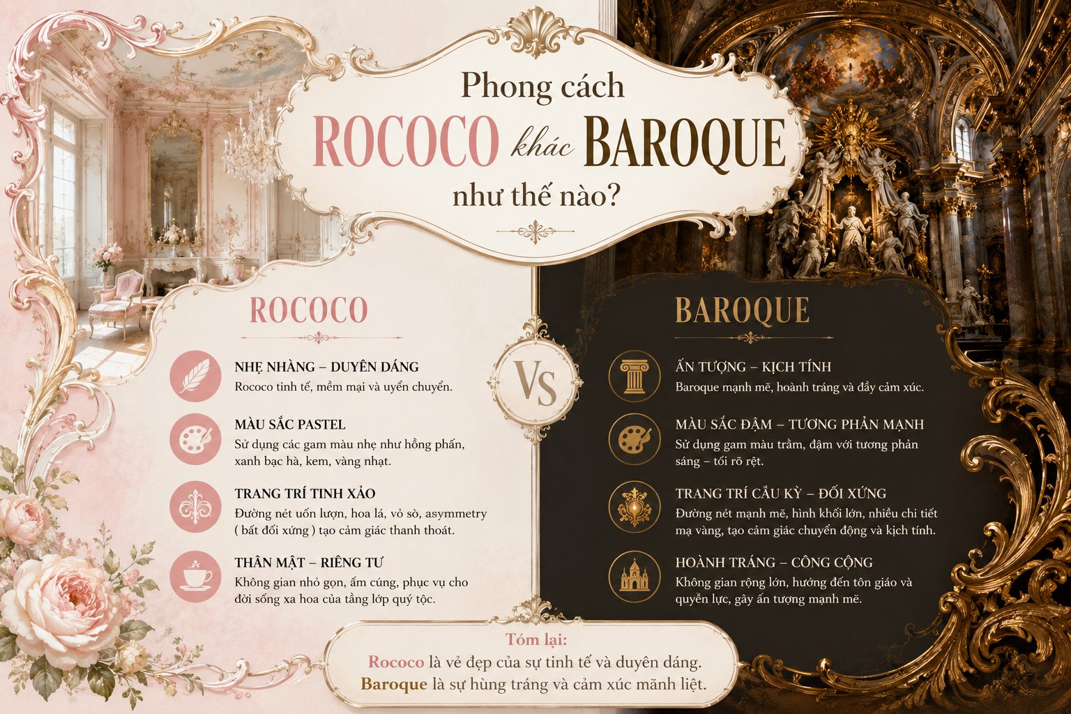 Phong cách rococo khác baroque như thế nào?