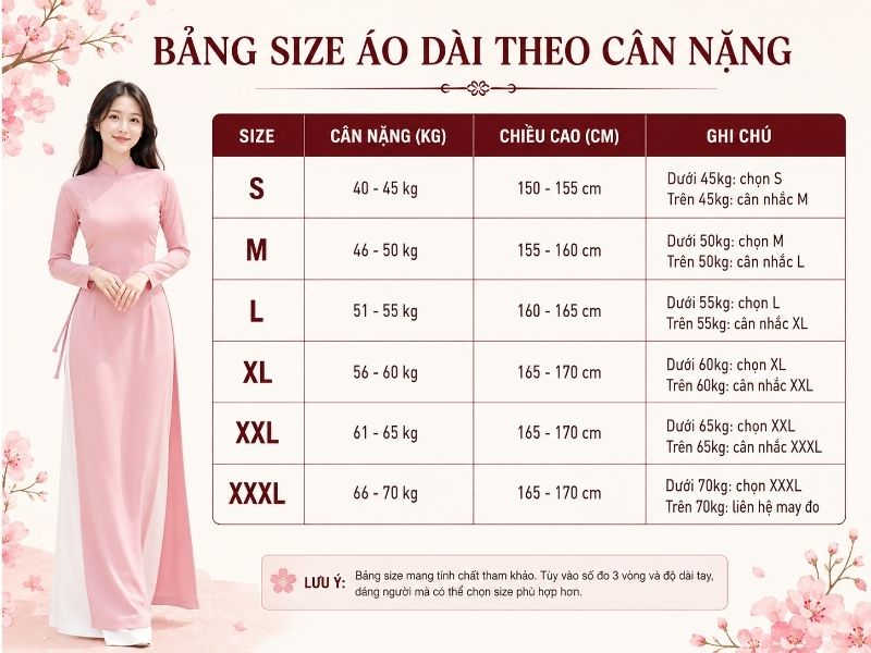 bảng size áo dài nữ