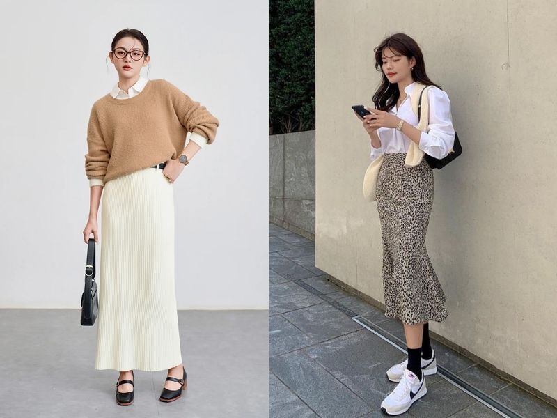 Chân váy len ôm mặc với áo gì