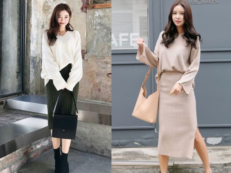 Chân váy len ôm mặc với áo gì