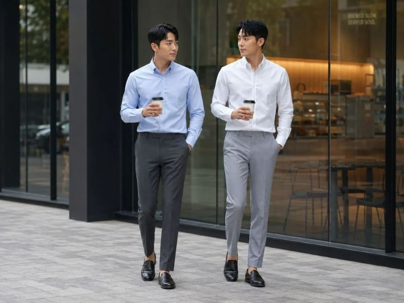 Quần tây suông phối cùng áo sơ mi thu hẹp bề ngang