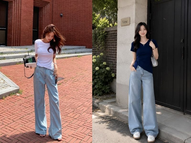Mặc quần xanh phối cùng áo thun đơn giản