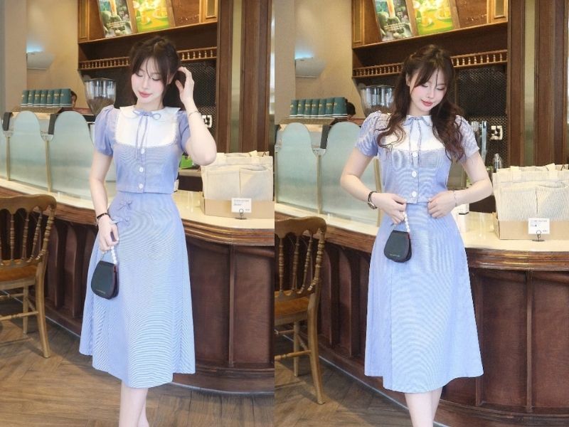Váy xanh phối phụ kiện túi xách đơn giản
