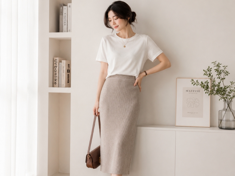 Lựa chọn thun basic kết hợp chân váy len