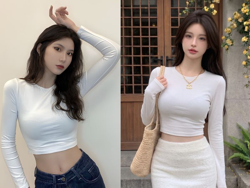 áo thun gân tay dài croptop