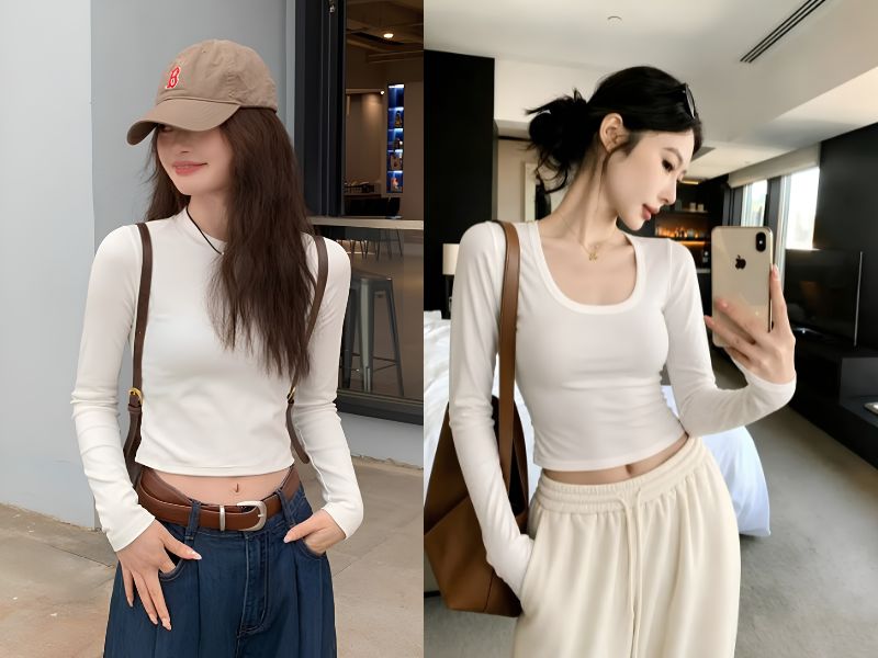 áo thun gân tay dài croptop