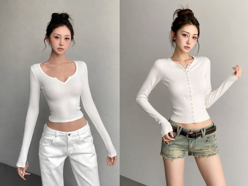 áo thun gân tay dài croptop