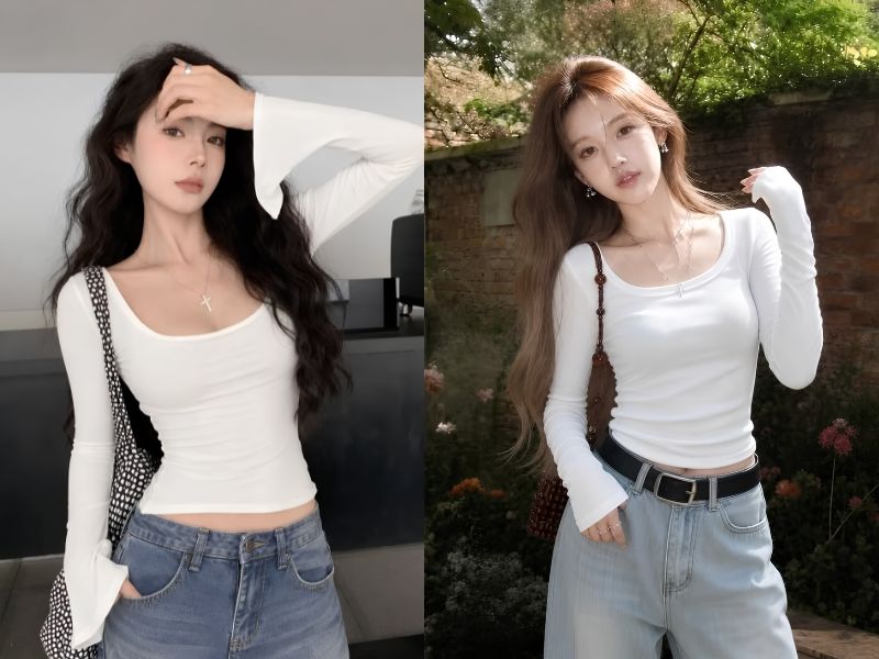 áo thun gân tay dài croptop