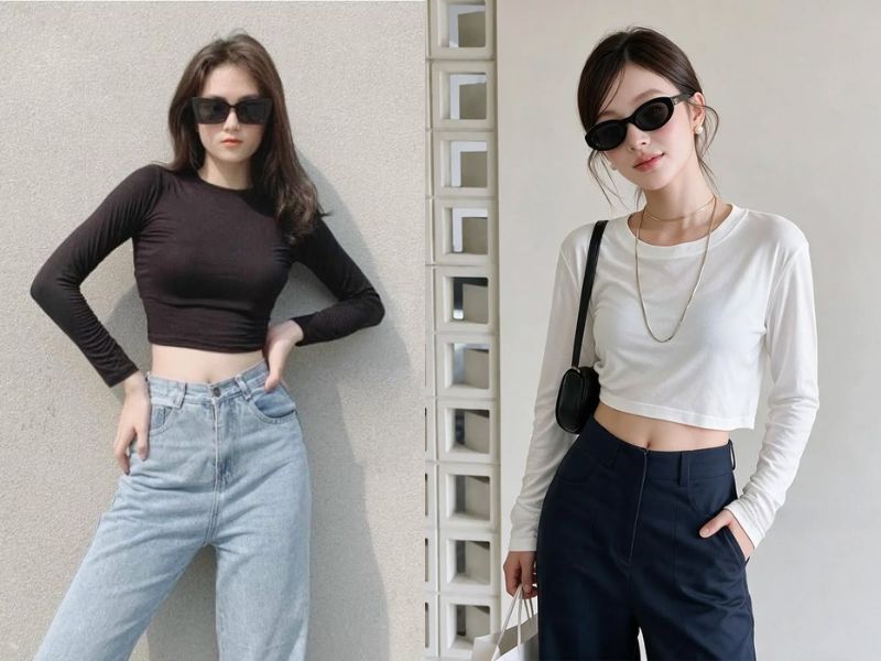 áo thun gân tay dài croptop