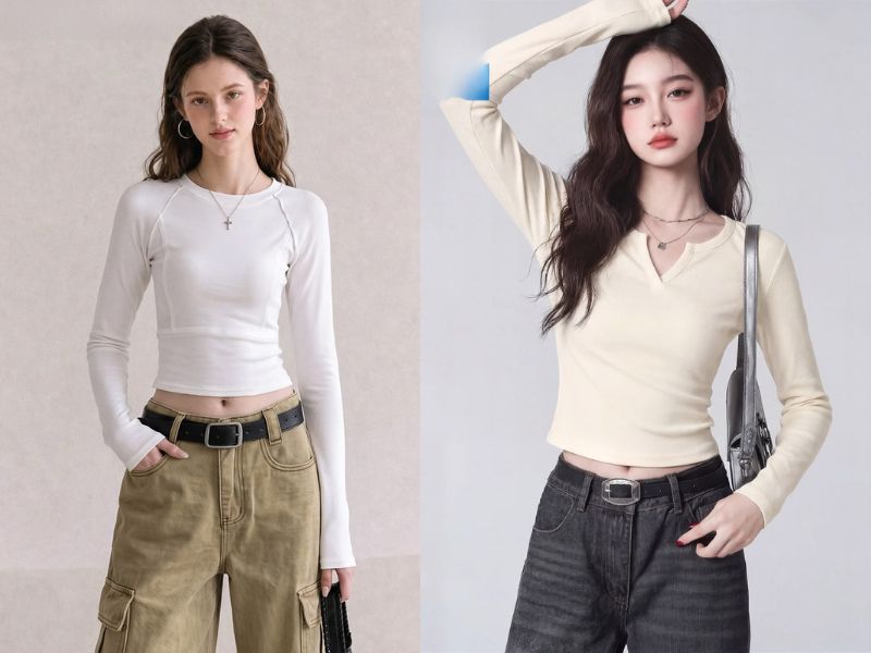 áo thun gân tay dài croptop