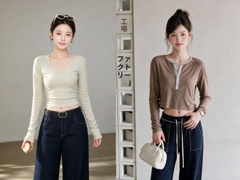 áo thun gân tay dài croptop