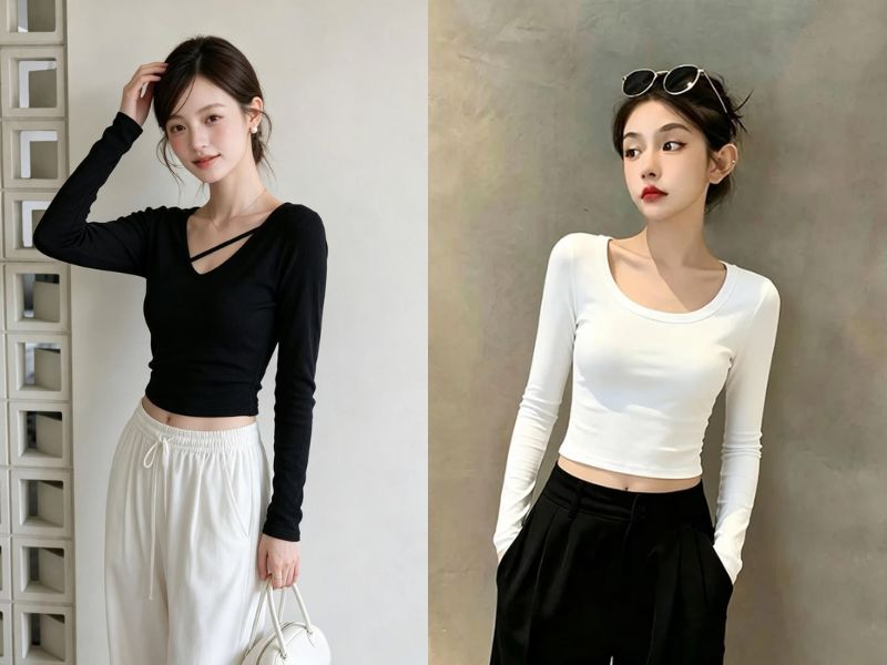 áo thun gân tay dài croptop