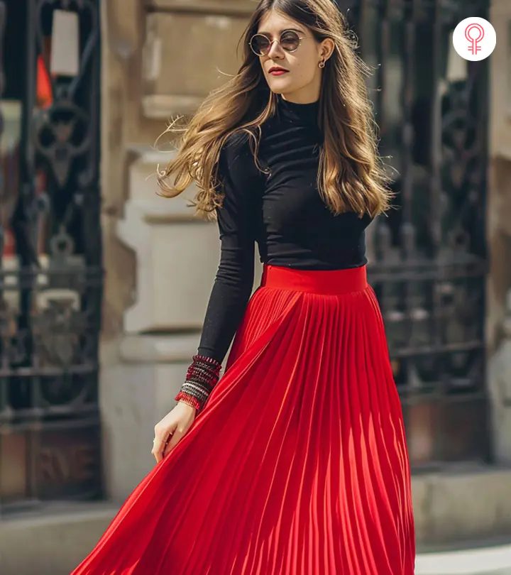 Chân váy đỏ với áo len cổ polo