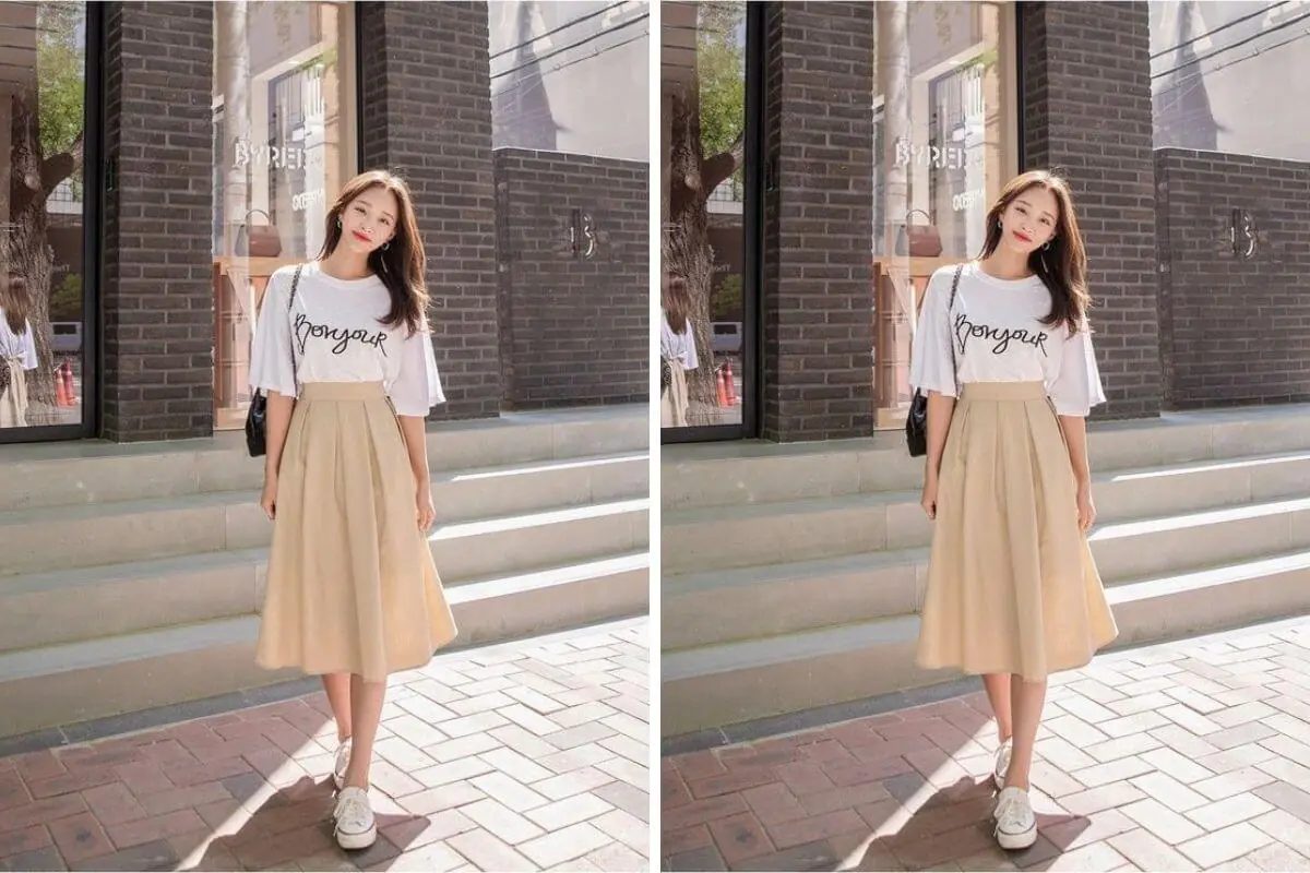 Kết Hợp Áo Phông Trắng Cùng Chân Váy Xếp Ly
