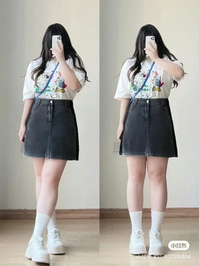 Áo phông rộng mix chân váy chữ a
