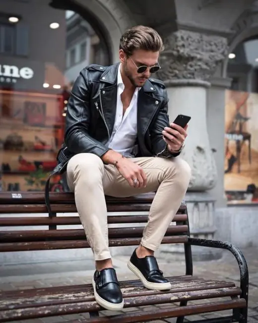 mix áo sơ mi trắng với jeaket da