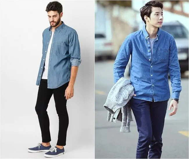 phối áo sơ mi denim với quần jeans