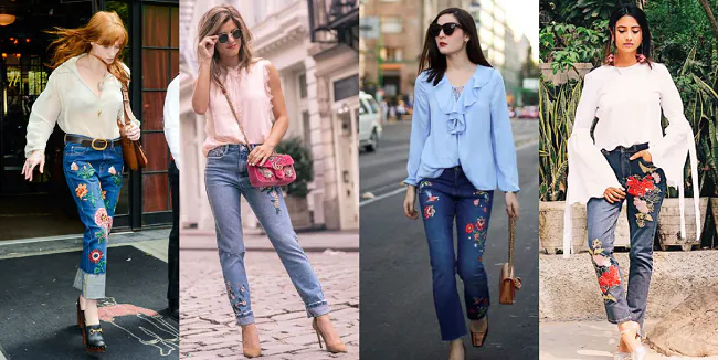 Phối quần jean thêu cùng áo Blouse
