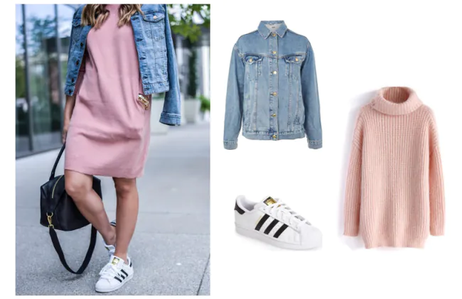 Phối váy len dáng suông với áo khoác jeans 