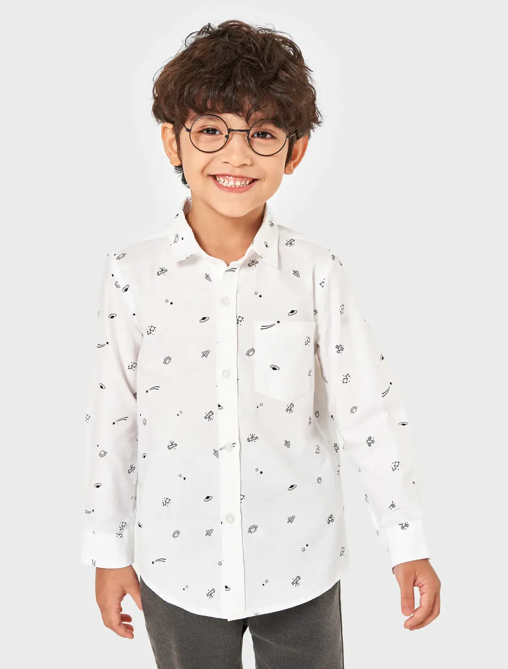 Áo Sơ Mi Bé Trai Cotton Cổ Đức Dài Tay In Họa Tiết