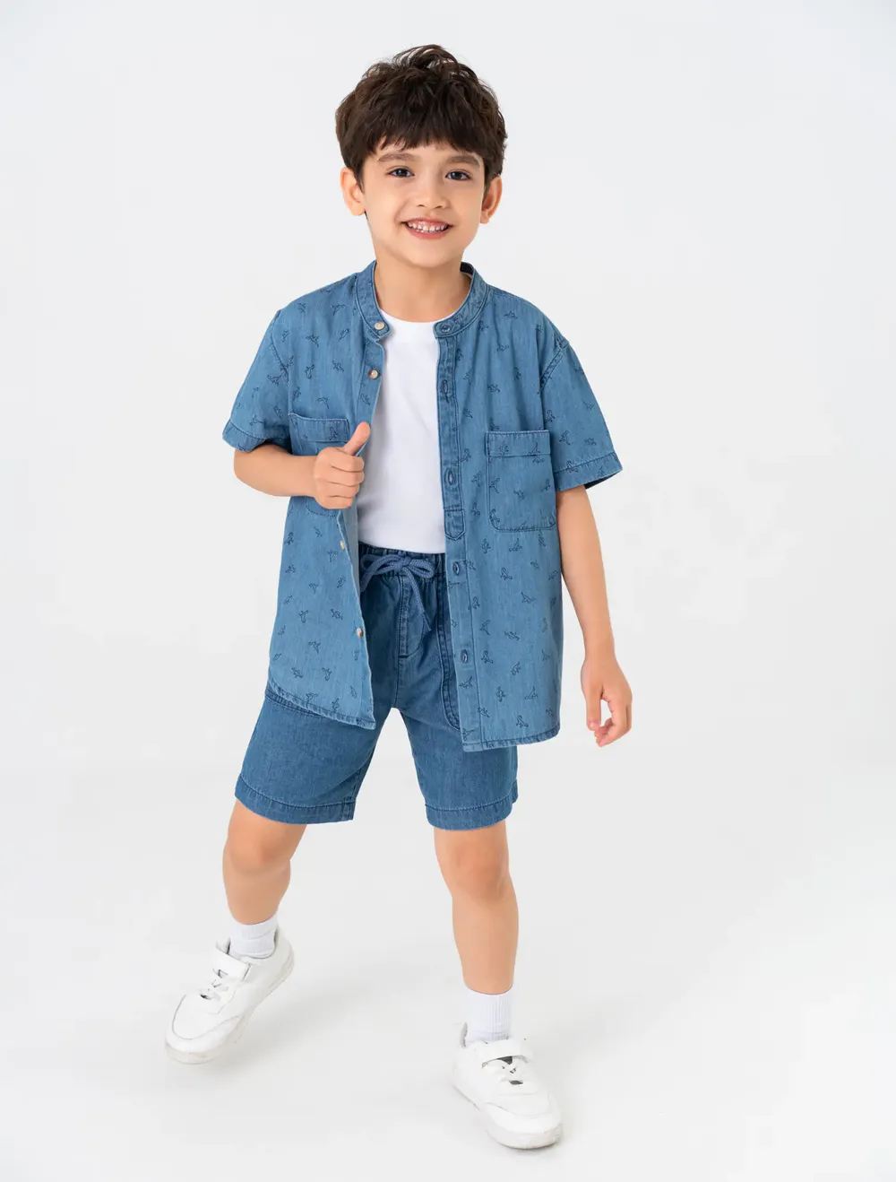 Áo Sơ Mi Bé Trai Cotton Cổ Tàu Túi Ốp In Họa Tiết