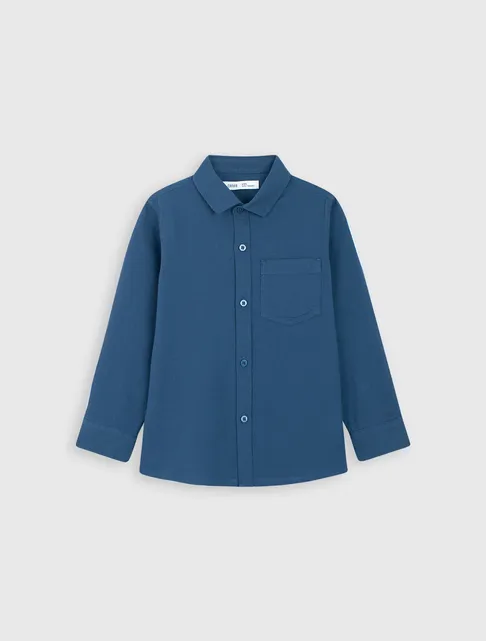 Áo Sơ Mi Bé Trai Cotton Cổ Đức Tay Dài Có Túi Ốp Ngực